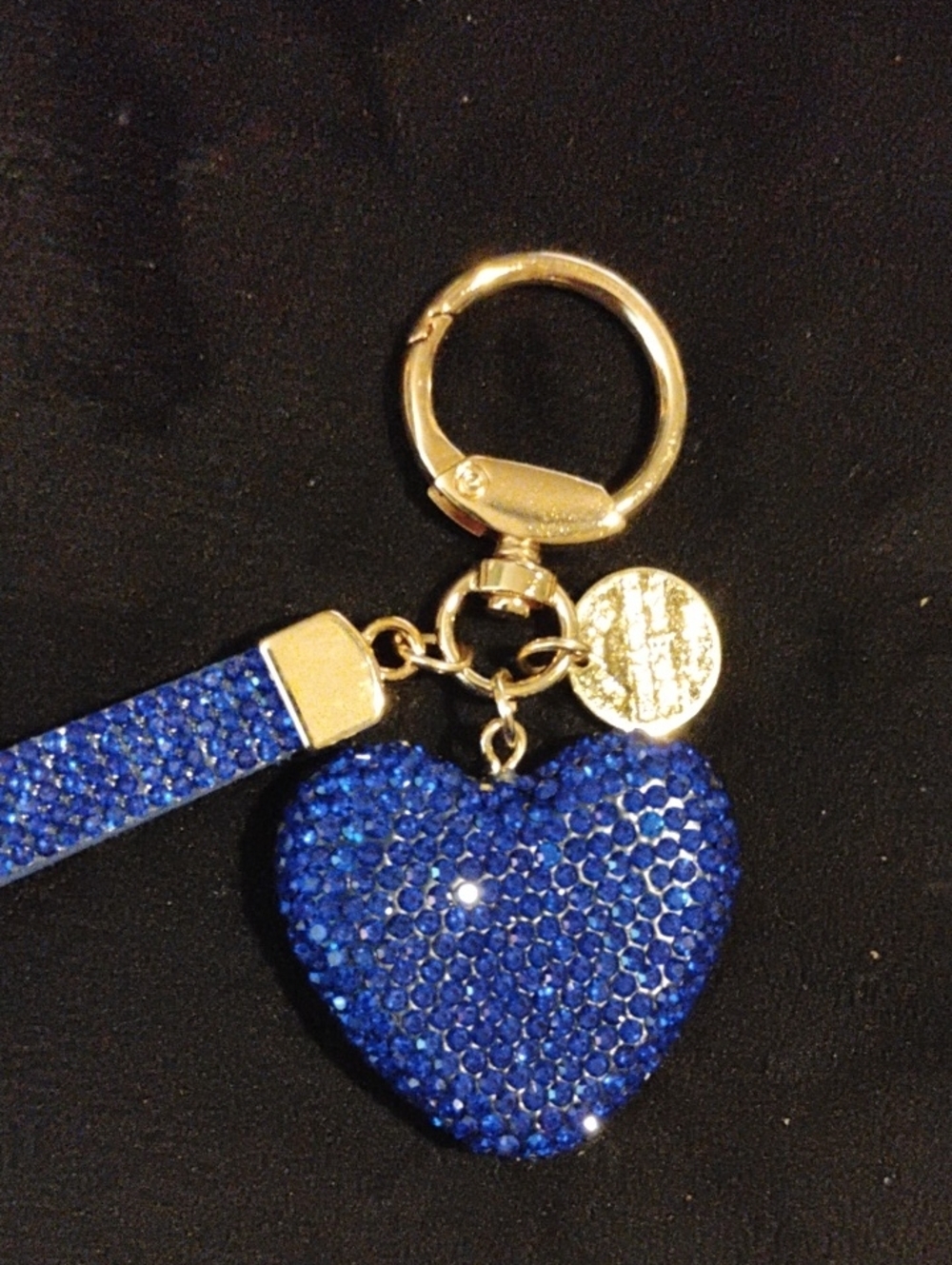 Gold-Tone Blue Crystal Heart bag Charm Keychain Wristlet